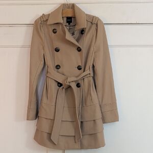 NWT Express Tan Double-Breasted Trench Coat With Ruffles, Sz XS